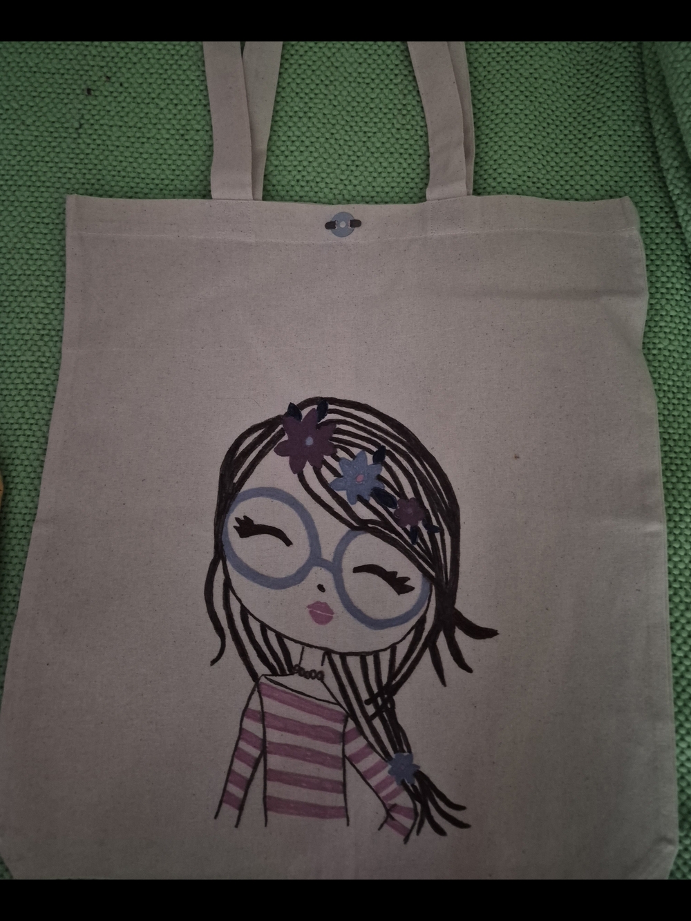 Canvas Tote Bag-Girl Illustration in Pink And Black. Hand Painted By Me